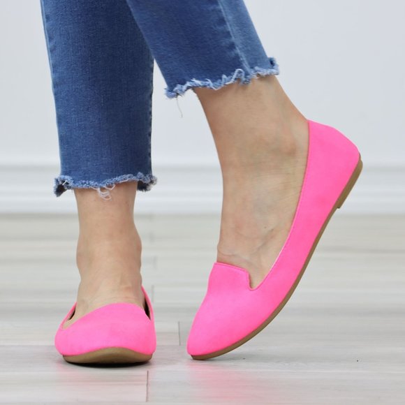 Neon Pink Faux Suede Rounded Toe Slip On Flat Shoes - Picture 10 of 12